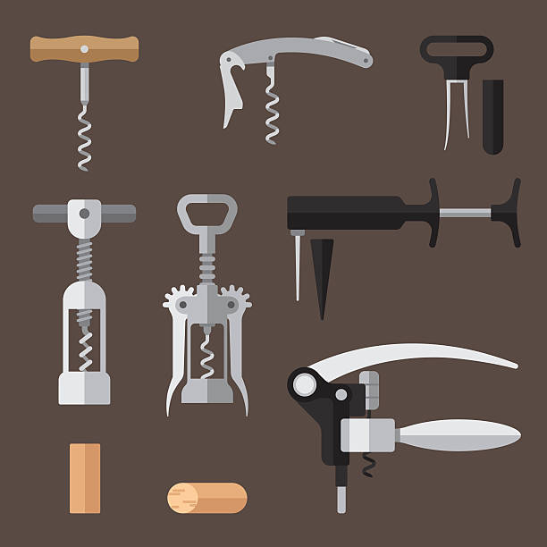 Corkscrews set Vector set of different types of corkscrews (basic, sommelier knife, wing, twin prong puller, pump action, lever). Flat style. cork puller stock illustrations
