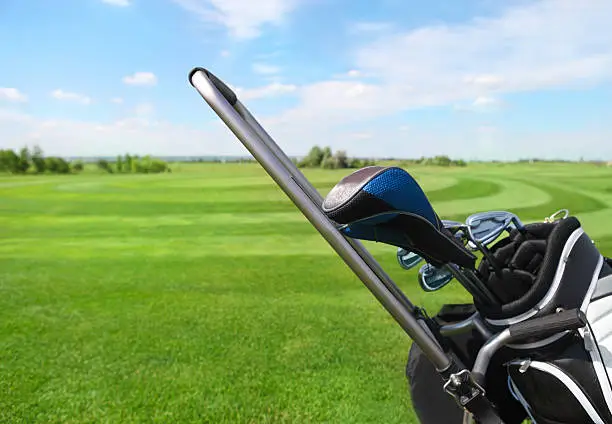 Golf clubs in golfbag, green grass background