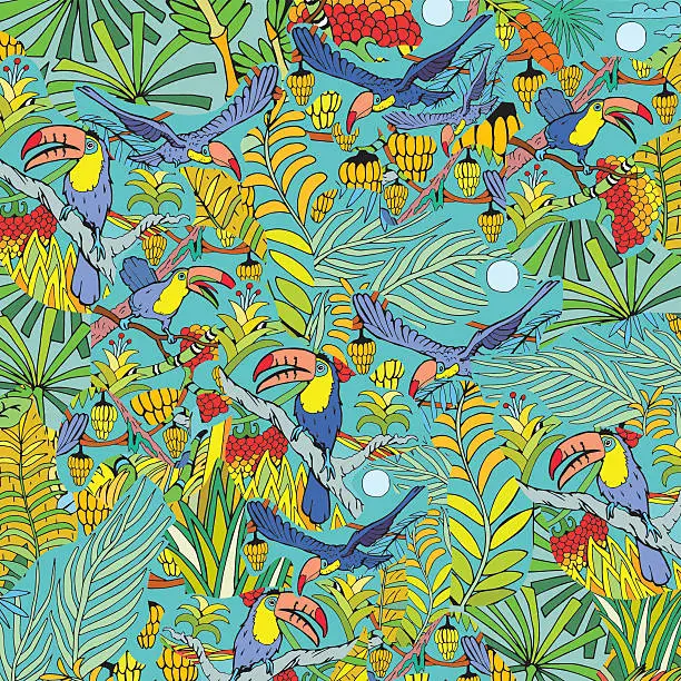 Vector illustration of Wildlife in the Jungle. Toucan bird. Hand Drawn Background.