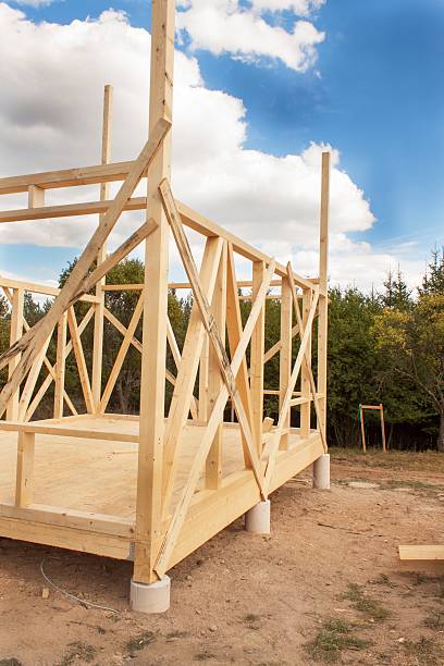 istock Wooden frame of house under construction 611107724