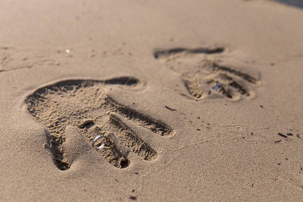 istock the hand prints in the sand with a wedding ring 611109378