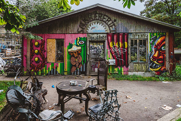 Copenhagen, Denmark -September 24th, 2015. Wall graffity in Freetown Christiania district. Self-proclaimed autonomous hippie commune republic at Christianshavn area.