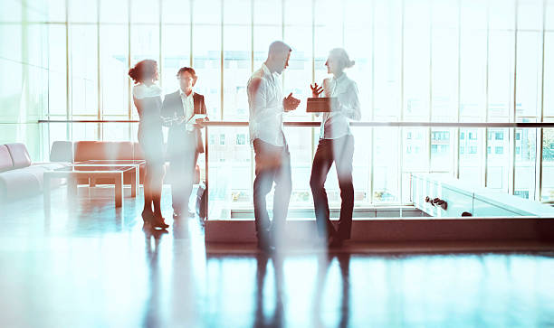 사무실 건물 로비에서 걷는 비즈니스 사람들 - business person silhouette back lit discussion 뉴스 사진 이미지
