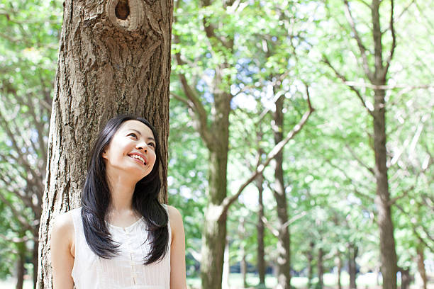 istock Japanese woman in a park 611172804