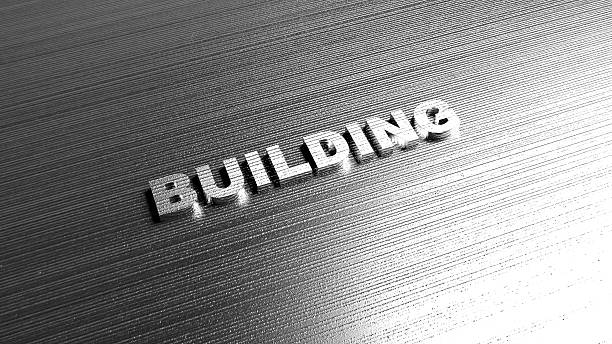 Metal word 'Building' on steel background. Lettering for construction company, house building an the same. 3D Rendering