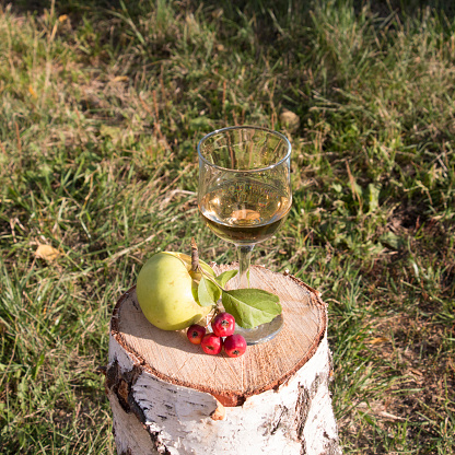 A glass of white wine with аpple on the stump