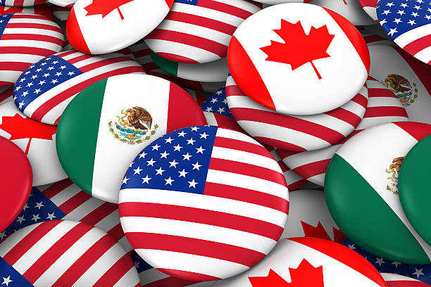 amerikanische, mexikanische und kanada flagge abzeichen stapel hintergrund 3d illustration - canada american flag canadian culture usa stock-fotos und bilder