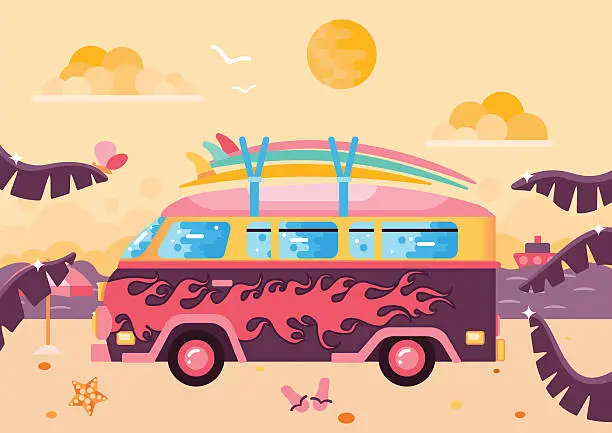 Vector illustration of Surfing van flat illustration on the beach.