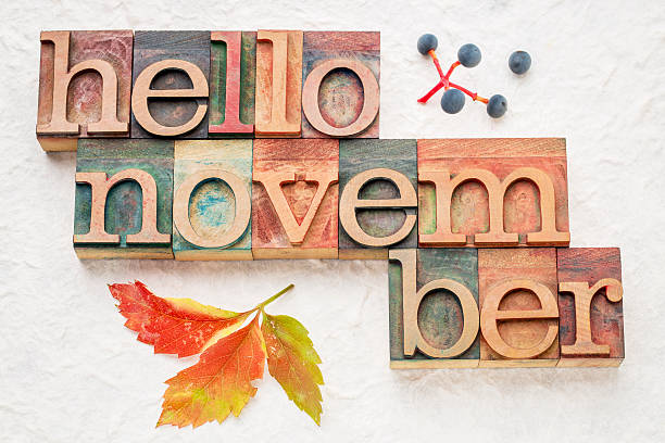 istock Hello November word abstrtact in wood type 611175734