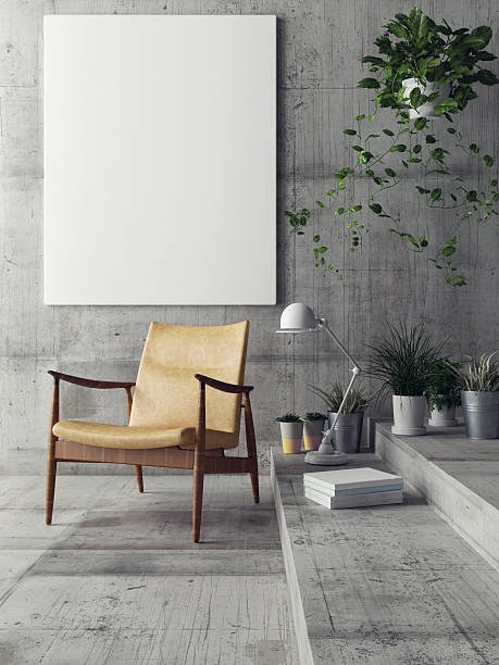 vysmívat plakátu v hipster obývacím pokoji - schodiště schody a schodiště fotky - stock snímky, obrázky a fotky