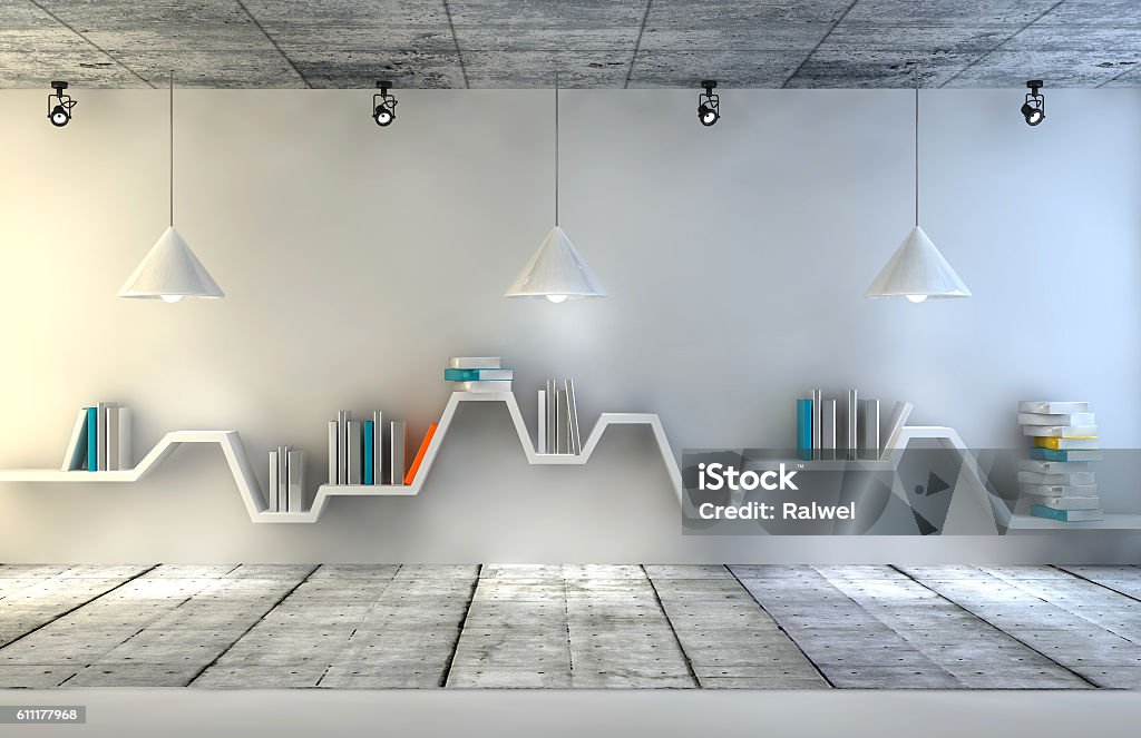 Modern interior room with beautiful furniture Modern interior room with a beautiful furniture. Minimalist bookshelf over dramatic concrete background, modern art. 3d render. Office Stock Photo