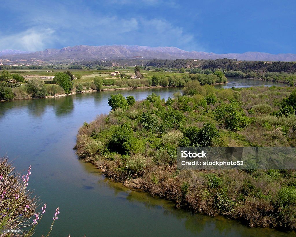 Ebre River Scene View of the Ebre River in Miravet, Spain Aerial View Stock Photo