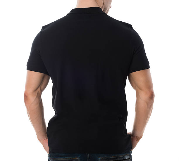 istock Rear View Of Man In Black Tshirt On White Background 611180684