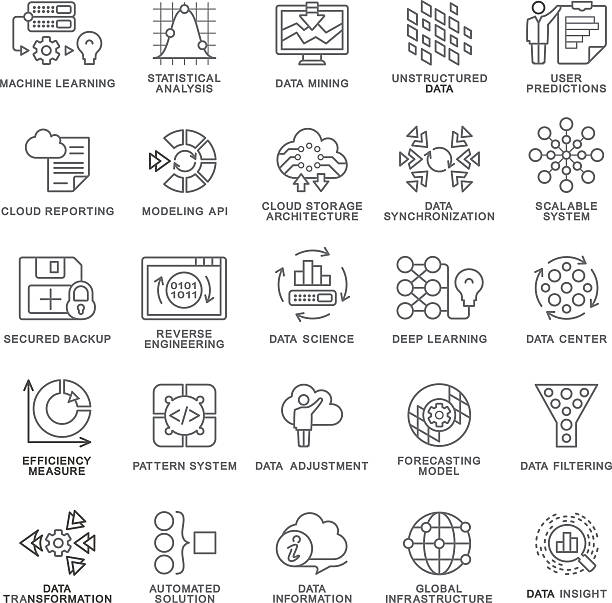 Icons database processing, machine learning, insight, modeling API, pattern system. Modern contour icons database processing methods of data.  Data science technology, machine learning process. Data insight, transformation, scalable, modeling API, pattern system. The thin contour lines. complexity architecture stock illustrations