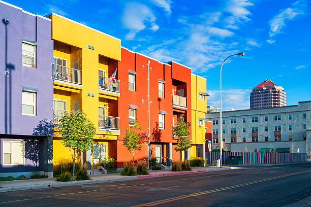 Colorful Townhomes in Downtown Albuquerque New Mexico USA Photo of a city street with new, colorful townhouses in downtown Albuquerque, New Mexico, USA. bernalillo county stock pictures, royalty-free photos & images