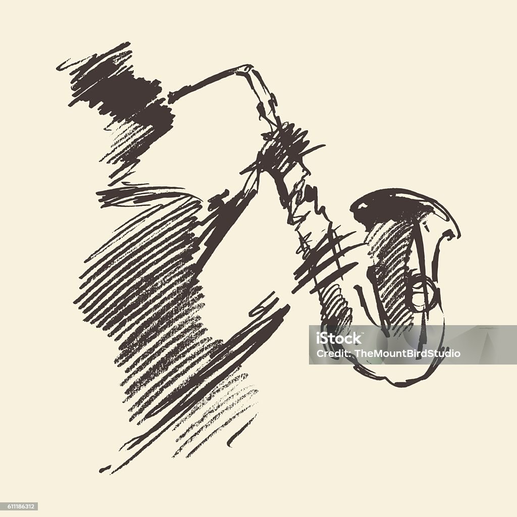 Hombre tocando el saxofón dibujado boceto vectorial. - arte vectorial de Jazz libre de derechos