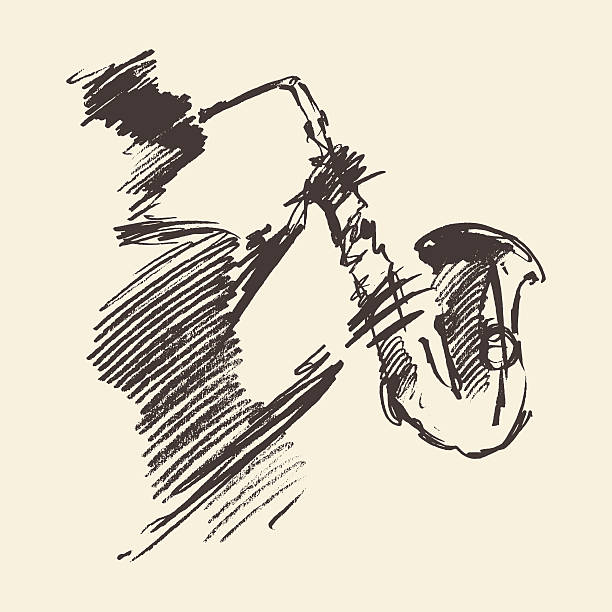 색소폰을 연주하는 남자는 벡터 스케치를 그린다. - jazz stock illustrations