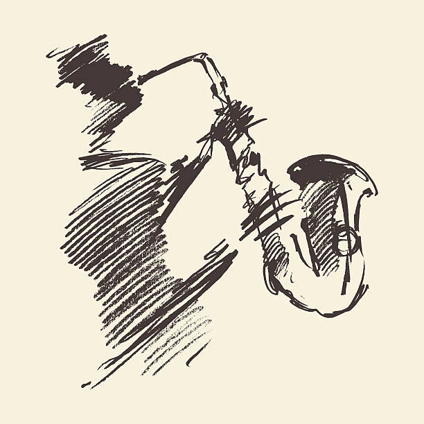 Man playing saxophone drawn vector sketch. Man playing saxophone. Vintage hand drawn vector illustration, sketch. abstract musical instrument stock illustrations