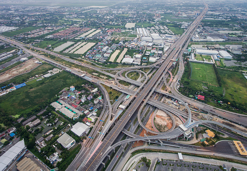 Highway junction in  Bangna, the east of Bangkok from aerial view. Taken in August 2016.