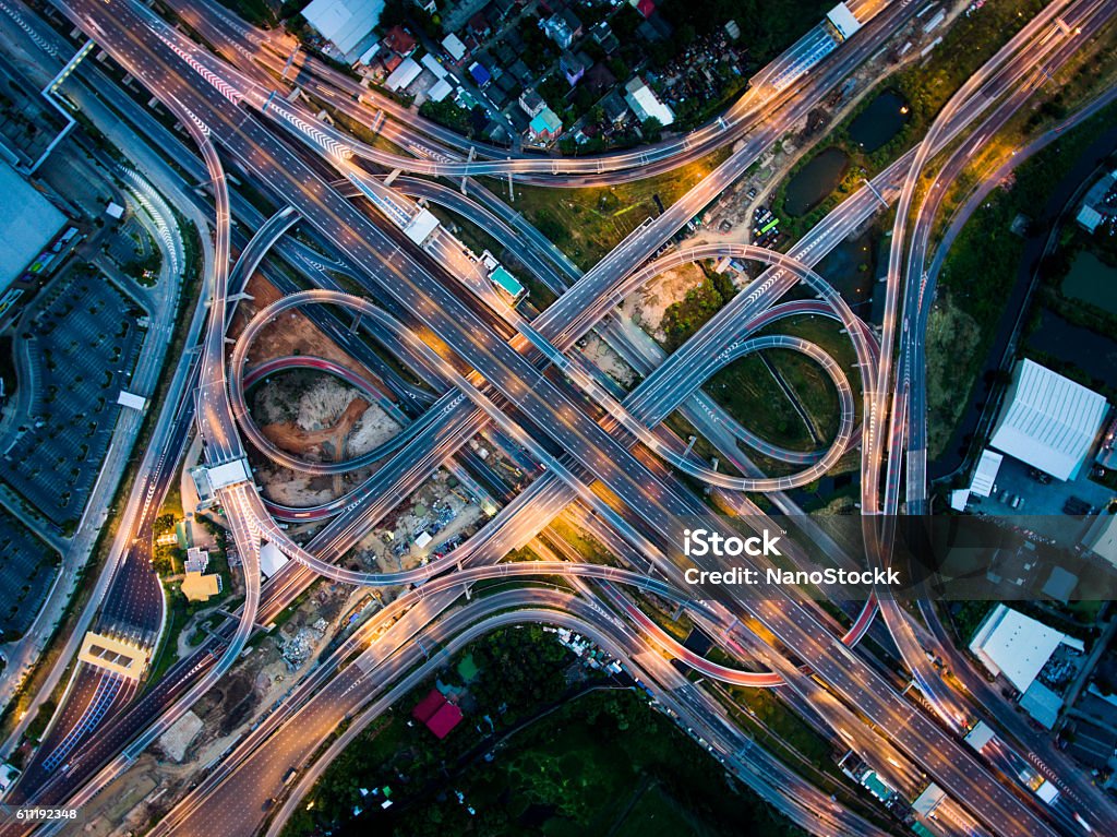 Highway junction from aerial view Highway junction in  Bangna, the east of Bangkok from aerial view in the night. Taken in August 2016. Aerial View Stock Photo