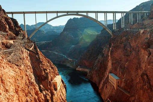 View from Glen Canyon Dam,shadow, arch bridge and  beautiful Colorado River,lens flare, Arizona, USA.Nikon D3x