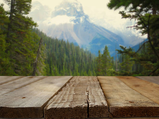 Empty wooden table in front of fir forest and snowy mountains landscape background. For product display montage