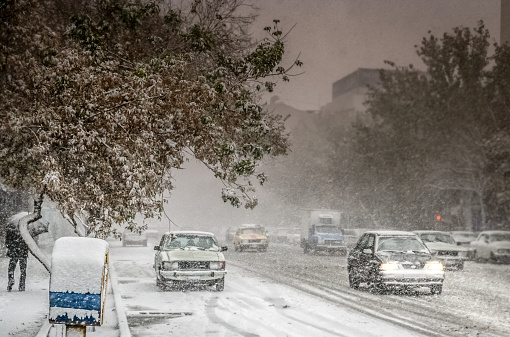 Heavy snowfall on the streets in Tabriz in Iran