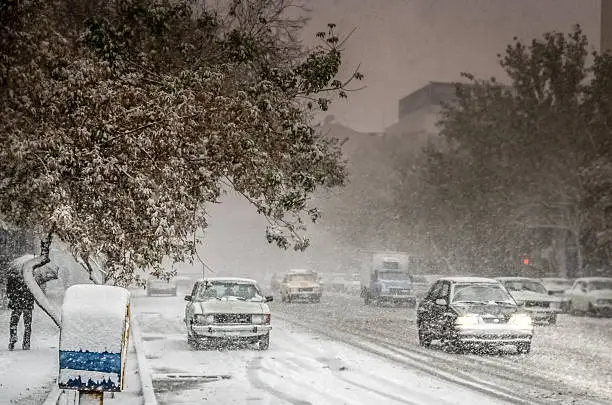 Heavy snowfall on the streets in Tabriz in Iran