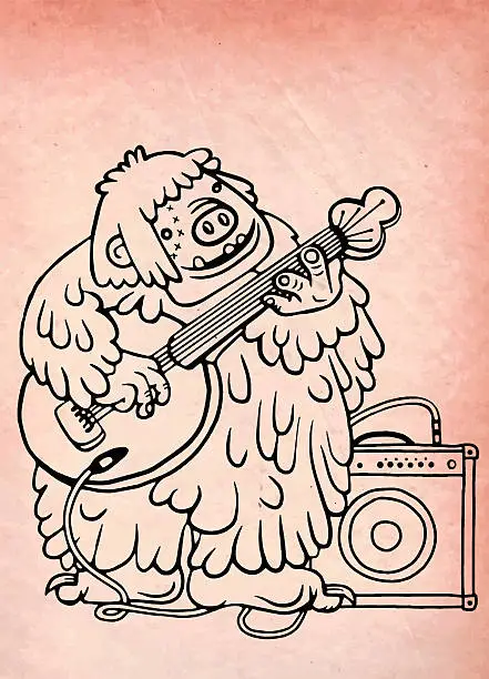 Vector illustration of rock monster,playing rock electric guitar near an amp.
