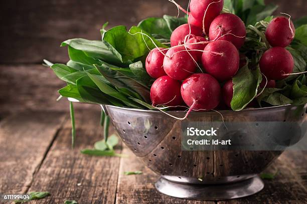 Fresh Vegetables In A Metal Colander Healthy Food Stock Photo - Download Image Now - Radish, Backgrounds, Kale