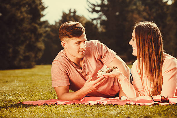 istock Couple on picnic date outdoor. 611200952