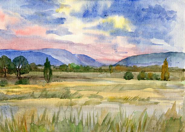 istock Landscape with a field and mountains. Watercolor painting 611202052