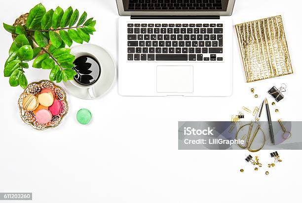 Office Supplies And Laptop Business Still Life Flat Lay Stock Photo - Download Image Now