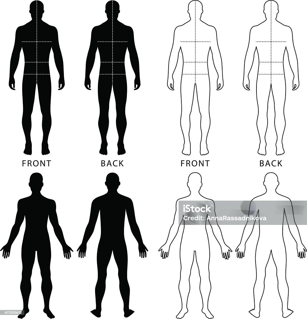 Fashion man's figure Fashion man's solid template figure silhouette (front & back view) with marked body's sizes lines, vector illustration isolated on white background Back stock vector