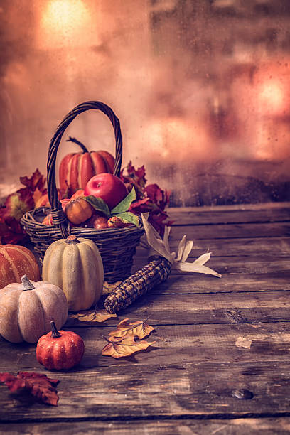 istock Basket with Pumpkins and Autumn Decoration 611205868