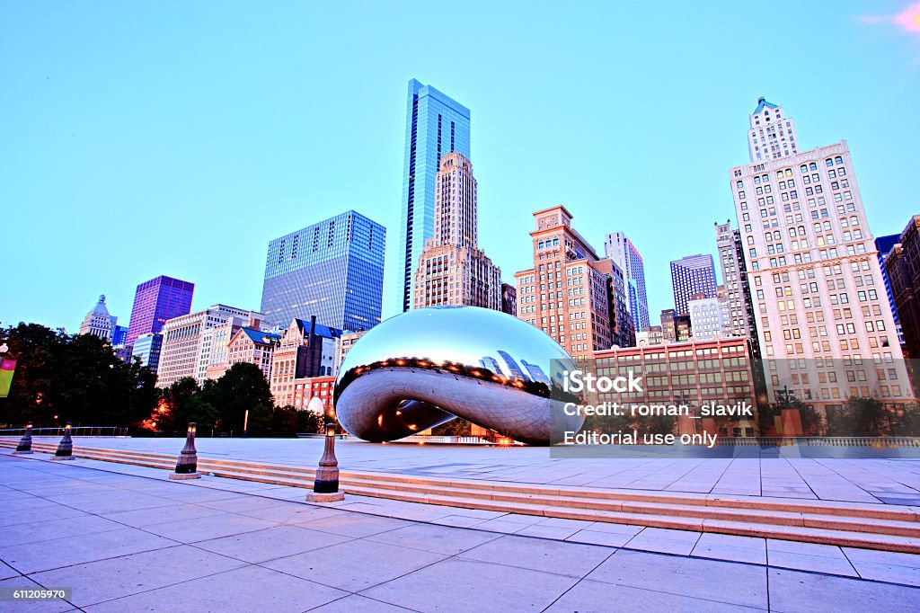 Cloud Gate in Millennium Park at Sunrise, Chicago Chicago, United States - September 3, 2015: Cloud Gate in Millennium Park. The Cloud Gate is a major tourist attraction and a gate to traditional Chicago Jazz Fest. Cloud Gate - Chicago Stock Photo