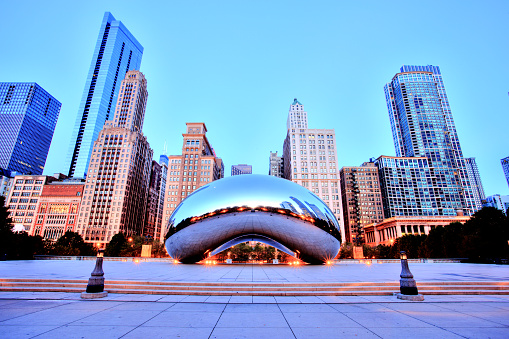 Chicago, United States - September 3, 2015: Cloud Gate in Millennium Park. The Cloud Gate is a major tourist attraction and a gate to traditional Chicago Jazz Fest.