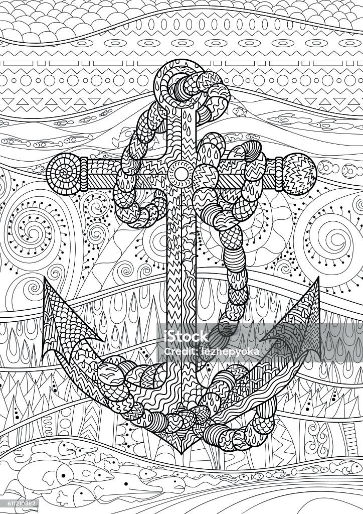 Black and white illustration of an anchor Illustration of an anchor and rope. Coloring page for adults. Black white object for art therapy. Abstract pattern with oceanic elements for relax coloring for grown ups in tracery style. Vector. Adult stock vector