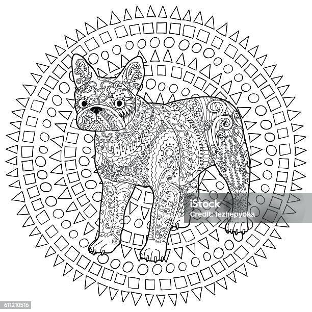 High Detail Patterned French Bulldog Stock Illustration - Download Image Now - Coloring Book Page - Illlustration Technique, French Bulldog, Adult