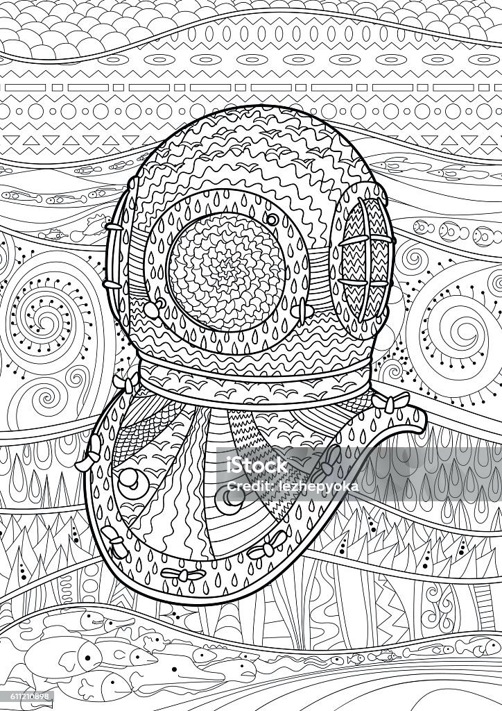 Antique divers helmet hand draw with high details. Antique divers helmet hand draw with high details. Coloring page for adult. Abstract pattern with oceanic elements for relax coloring for grown ups in tracery style. Vector Adult stock vector