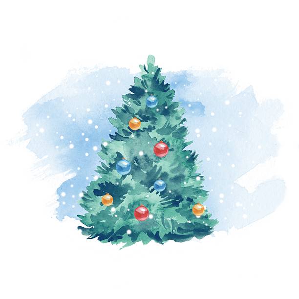 istock Christmas tree, balls and snow. Watercolor painting. Blue background 611211142