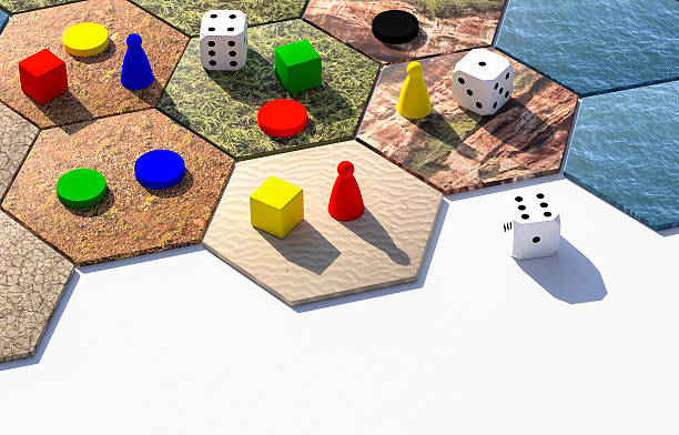 hexagonal board game 3d illustration hexagonal board game with pawns and dices 3d illustration on white background board game piece stock pictures, royalty-free photos & images