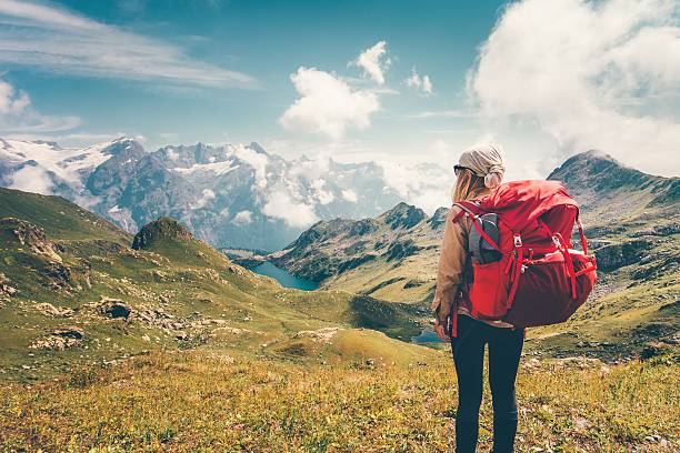 istock Woman with backpack enjoying mountains landscape view hiking 611212896