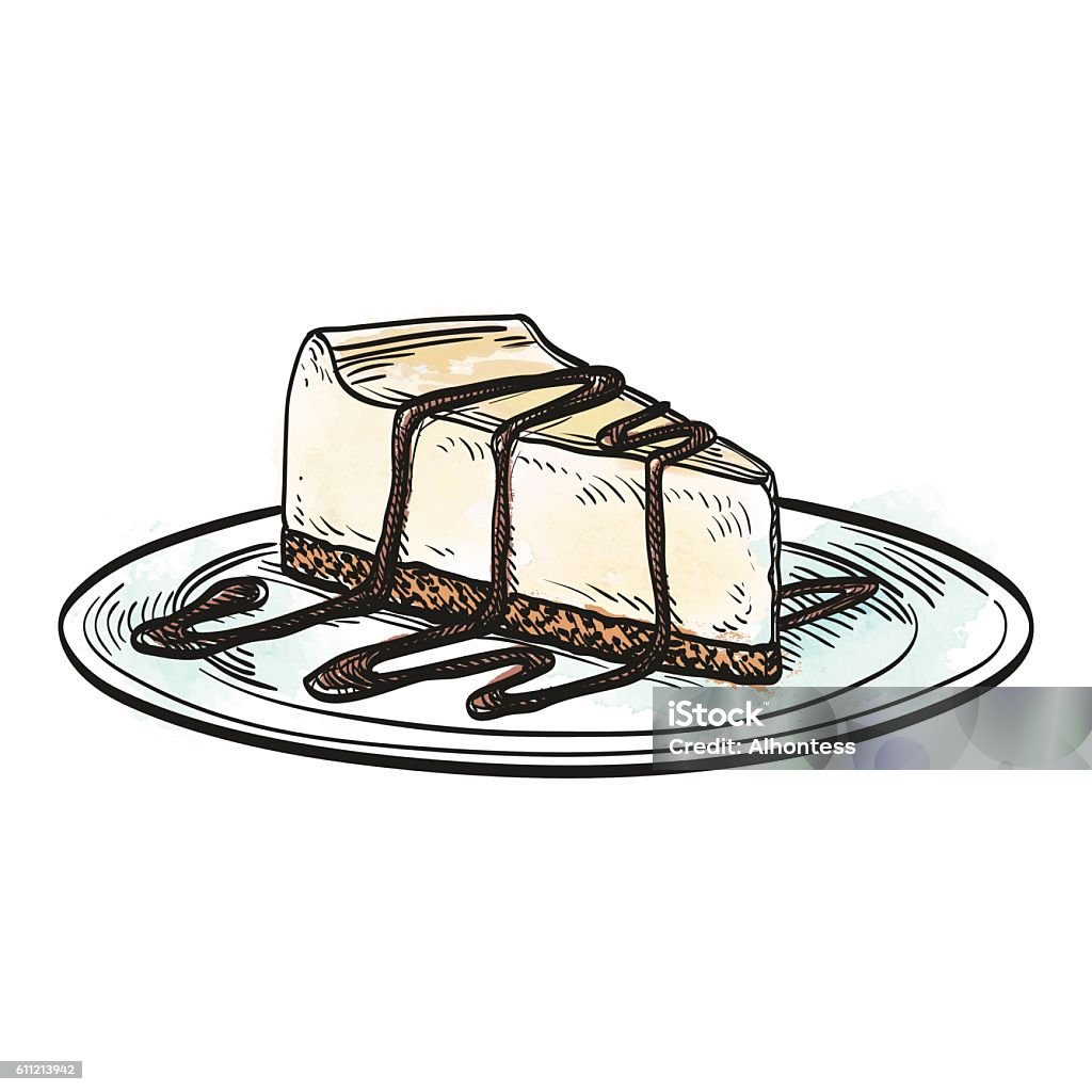 Vector illustration of cheesecake Hand drawn vector illustration of cheesecake. Watercolor background. Cheesecake stock vector
