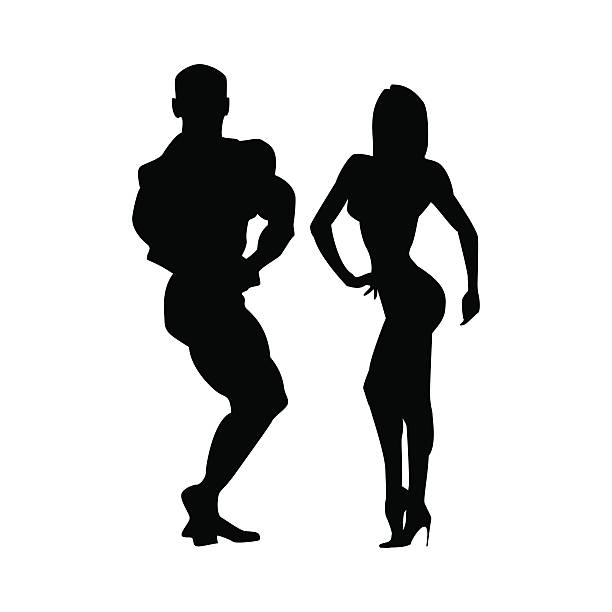 ilustraciones, imágenes clip art, dibujos animados e iconos de stock de siluetas de mujeres y hombres de atletas. dos atletas juntos. plantea - steroids body building beauty healthy lifestyle