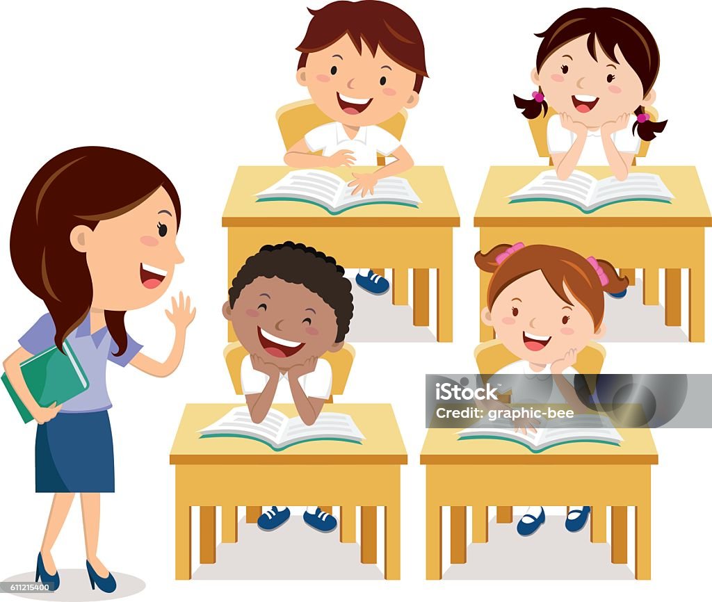 School Kids Studying With Teacher Stock Illustration - Download Image Now -  Classroom, Boys, Cartoon - iStock