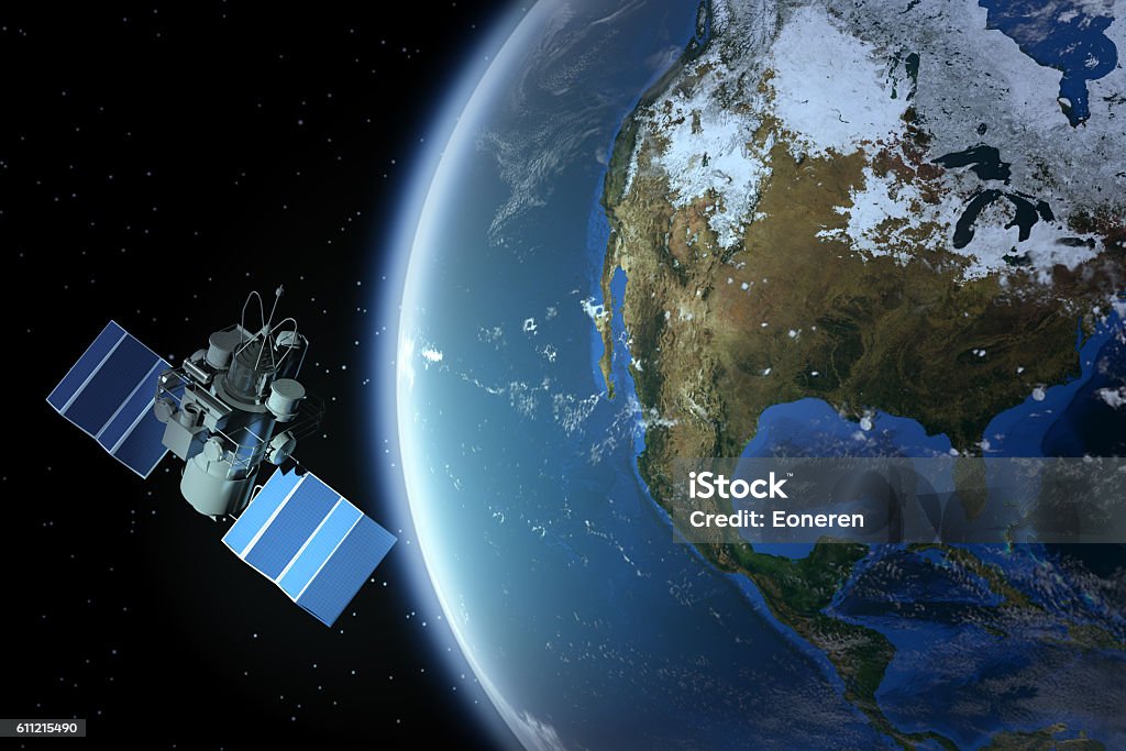 Planeta Tierra con satélite (Norteamérica - EE.UU.) - Foto de stock de Satélite libre de derechos