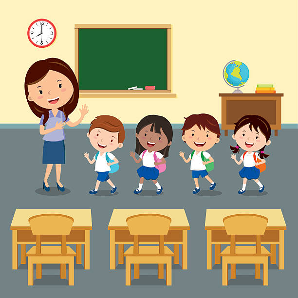 Back to school Vector illustration of a female teacher and pupils in the classroom. preschool building stock illustrations