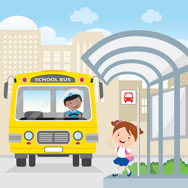 Little girl waving at the school bus Vector illustration of a girl waiting for school bus at the bus stop. school bus stop stock illustrations