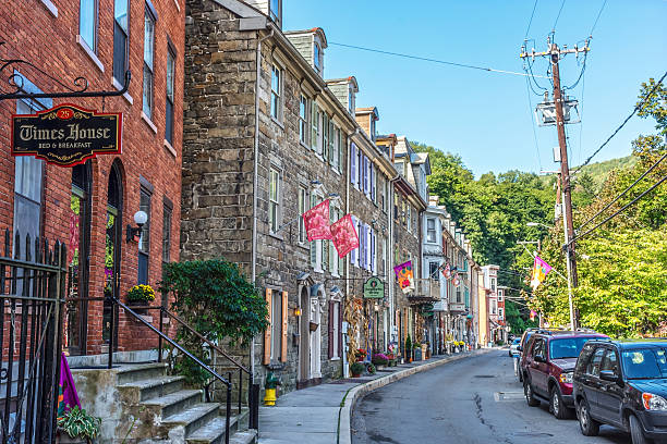 Row Homes Jim Thorpe Jim Thorpe, Pa USA - September 28, 2016: Historic row homes with shops on Race St. in Jim Thorpe Pennsylvania.  the poconos stock pictures, royalty-free photos & images